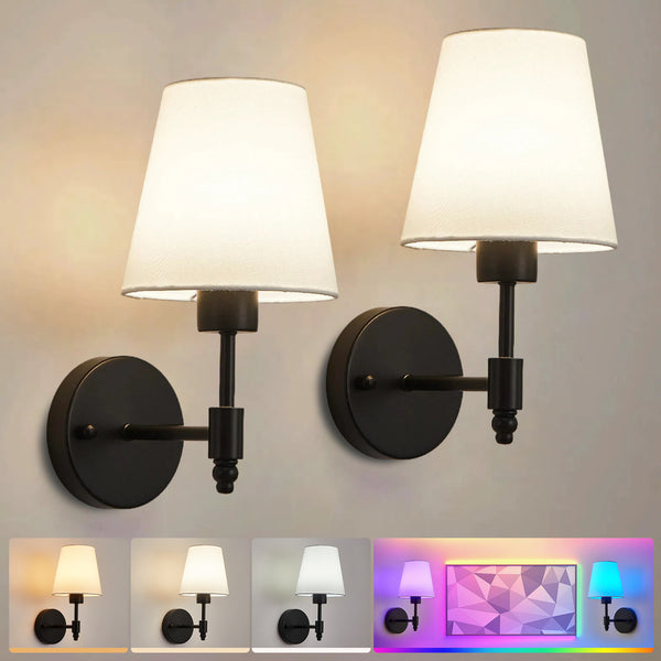 HARPER LIVING Set of 2 Battery Wall Lights, Fabric Lamps with Rechargeable Bulbs, Remote, 3 CCT & 9 RGB Dimmable Black