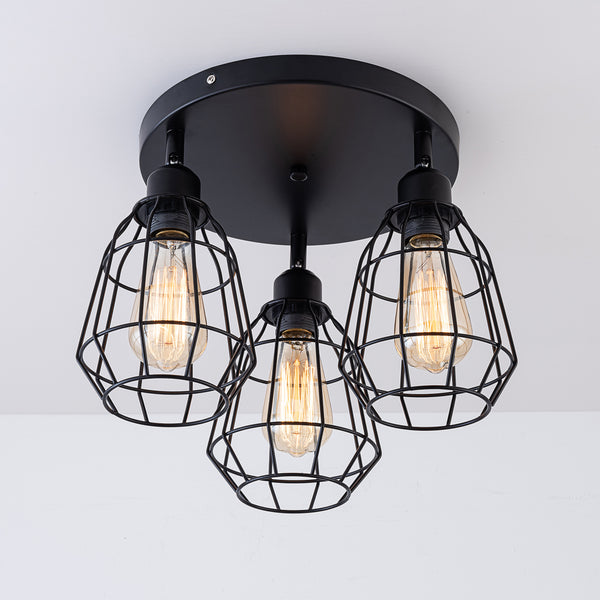 Caged Ceiling Light, 3 Lights E27 Cap, Black Vintage Finish, LED Compatible