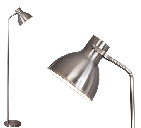 Floor Lamp, Bowl Shade, On/Off Switch, ECP Plug, Reading Light, Simple Design, Satin Nickel Finish, E27 Bulb Cap