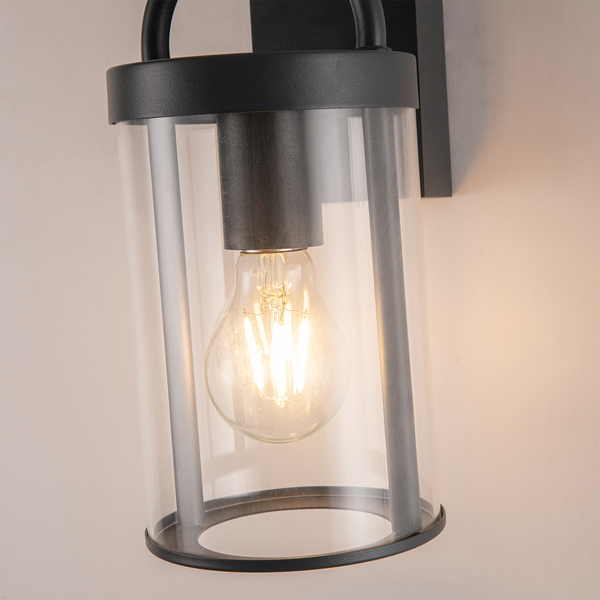 Black Outdoor Wall Light and Sconce with Cylinder Glass Shade IP65 Weatherproof