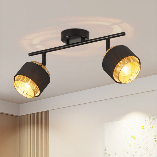 HARPER LIVING 2 Way Ceiling Spotlights, Black & Gold, 2xE14 40W Max, Rotation Heads, Metal Mesh & Fabric Shade