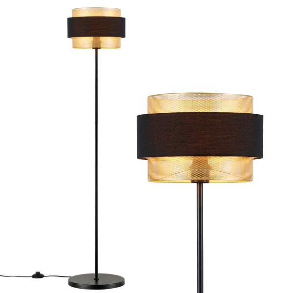 HARPER LIVING Black & Gold Floor Lamp, 40W E27 Standing Lamps for Living Room, Bedroom - Metal Mesh & Fabric Shade