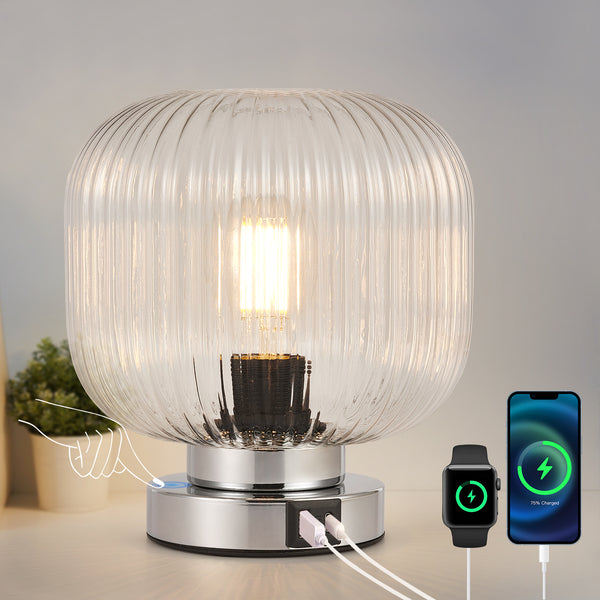 HARPER LIVING Table Lamp with USB-C & USB-A Charging Ports, Touch Control Dimmable E27 Desk Lamp, Clear Glass Shade