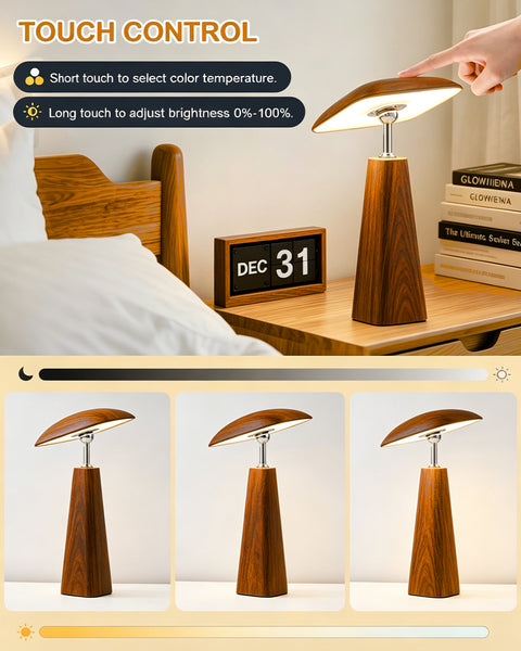 HARPER LIVING Rechargeable Table Lamp, Magnetic Touch Mushroom Bedside Light Dimmable, Portable Desk Lamp, Wood Colour