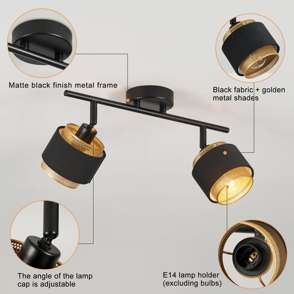 HARPER LIVING 2 Way Ceiling Spotlights, Black & Gold, 2xE14 40W Max, Rotation Heads, Metal Mesh & Fabric Shade