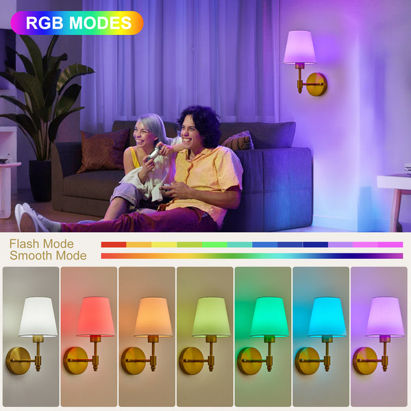 HARPER LIVING Set of 2 Battery Wall Lights, Fabric Lamps with Rechargeable Bulbs, Remote, 3 CCT & 9 RGB Dimmable Brass