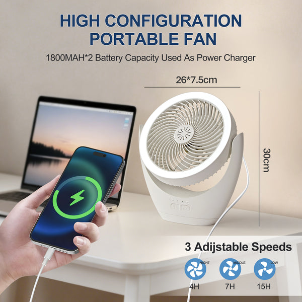 HARPER LIVING Rechargeable Desk Fan, Portable USB Table Fan with LED Light, 3 Speeds Stepless Dimming, Adjustable