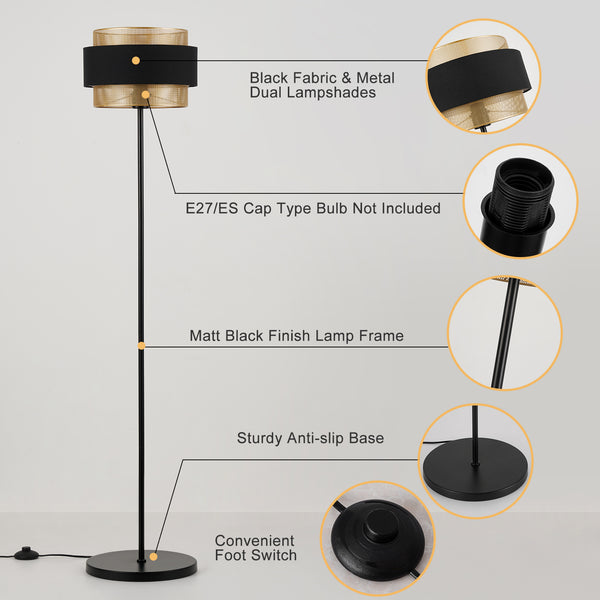 HARPER LIVING Black & Gold Floor Lamp, 40W E27 Standing Lamps for Living Room, Bedroom - Metal Mesh & Fabric Shade