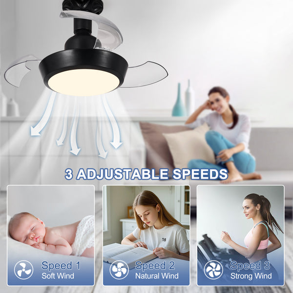 HARPER LIVING Ceiling Fans with Lights, E27 Screw in Fan Lamp with 3 Retractable Blades, 30W 1400LM Dimmable Black