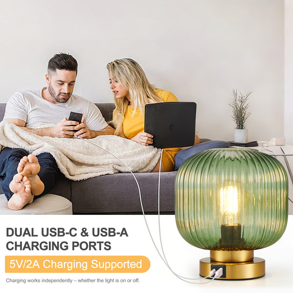 HARPER LIVING Table Lamp with USB-C & USB-A Charging Ports, Touch Control Dimmable E27 Desk Lamp, Green Glass Shade