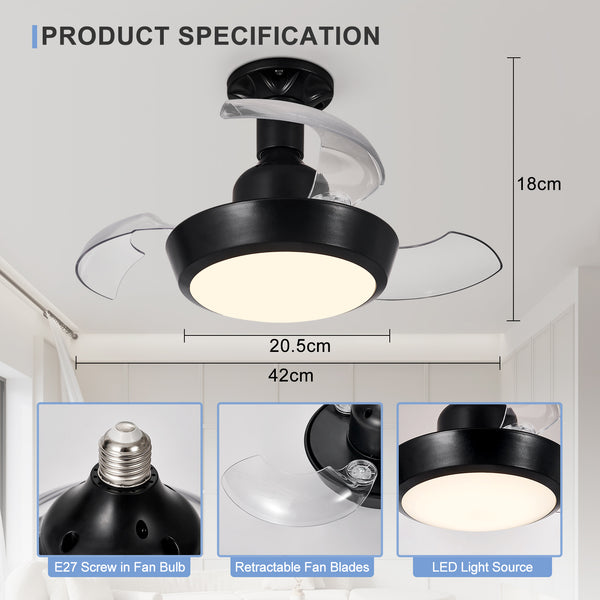 HARPER LIVING Ceiling Fans with Lights, E27 Screw in Fan Lamp with 3 Retractable Blades, 30W 1400LM Dimmable Black