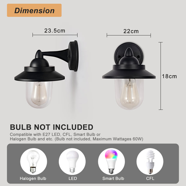 HARPER LIVING Outdoor Wall Light, E27 Outside Wall Lamp Mains Powered with Clear Shade, IP54 Weatherproof Aluminium, Retro Exterior light