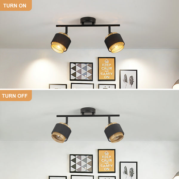 HARPER LIVING 2 Way Ceiling Spotlights, Black & Gold, 2xE14 40W Max, Rotation Heads, Metal Mesh & Fabric Shade