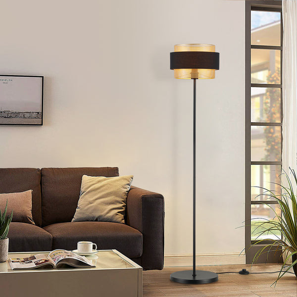 HARPER LIVING Black & Gold Floor Lamp, 40W E27 Standing Lamps for Living Room, Bedroom - Metal Mesh & Fabric Shade