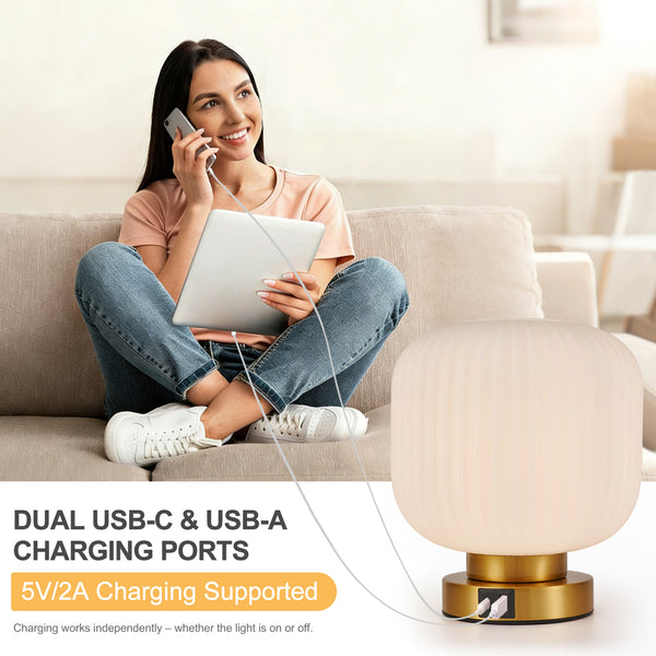 HARPER LIVING Table Lamp with USB-C & USB-A Charging Ports, Touch Control Dimmable E27 Desk Lamp, Cream Glass Shade