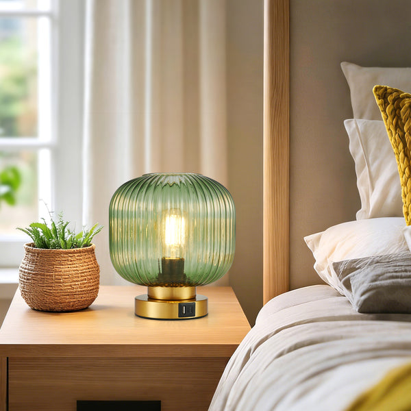 HARPER LIVING Table Lamp with USB-C & USB-A Charging Ports, Touch Control Dimmable E27 Desk Lamp, Green Glass Shade