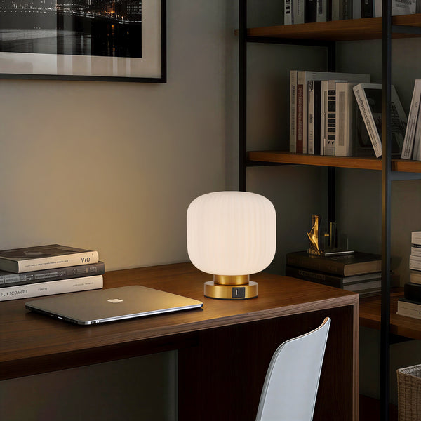 HARPER LIVING Table Lamp with USB-C & USB-A Charging Ports, Touch Control Dimmable E27 Desk Lamp, Cream Glass Shade