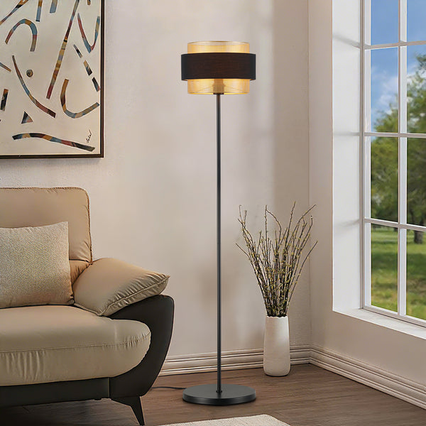 HARPER LIVING Black & Gold Floor Lamp, 40W E27 Standing Lamps for Living Room, Bedroom - Metal Mesh & Fabric Shade