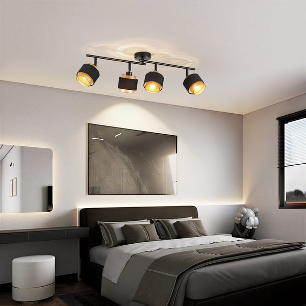 HARPER LIVING 4 Way Ceiling Spotlights, Black & Gold, 4xE14 40W Max, Rotation Heads, Metal Mesh & Fabric Shade