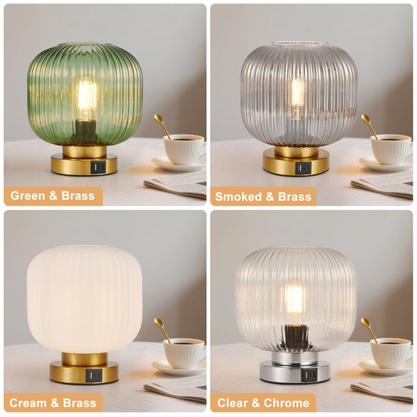 HARPER LIVING Table Lamp with USB-C & USB-A Charging Ports, Touch Control Dimmable E27 Desk Lamp, Clear Glass Shade