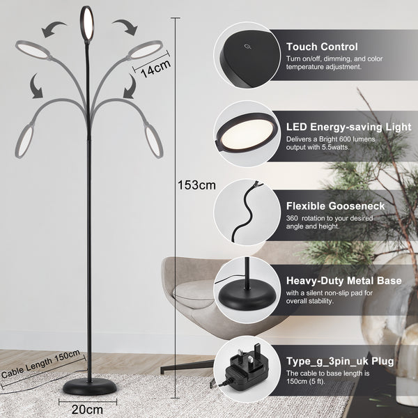 HARPER LIVING Floor Lamp Black, Dimmable LED Lamps for Living Room, 3 Colour Temps Standing Lamp with Touch Control