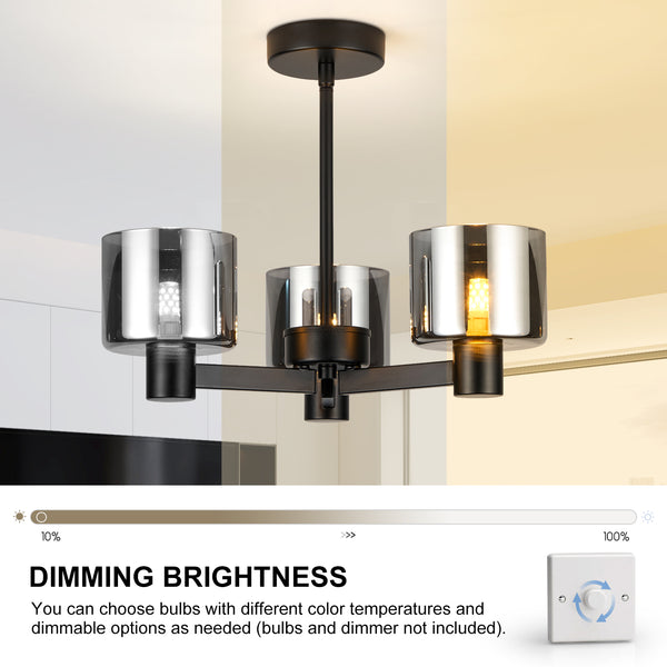 3 Lights Semi Flush Ceiling Lamp with Smoked Glass Shades, Matt Black