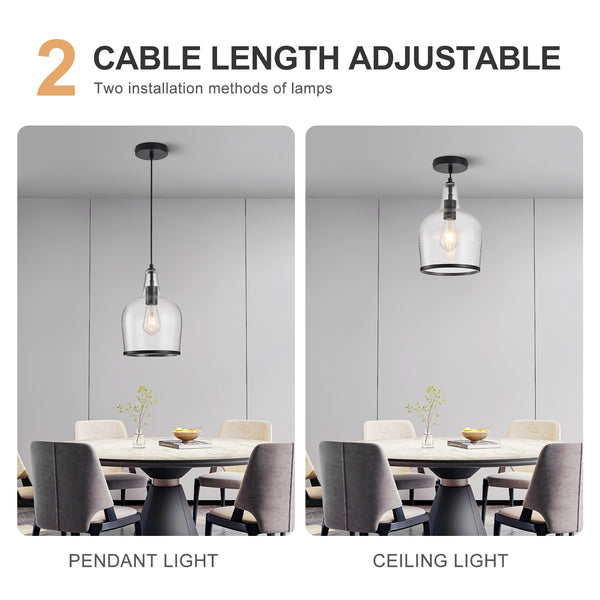 HARPER LIVING Pendant Ceiling Light, Matt Black Glass Pendant Lamp with Bubbles Glass Shade, Adjustable Drop (45-150cm)