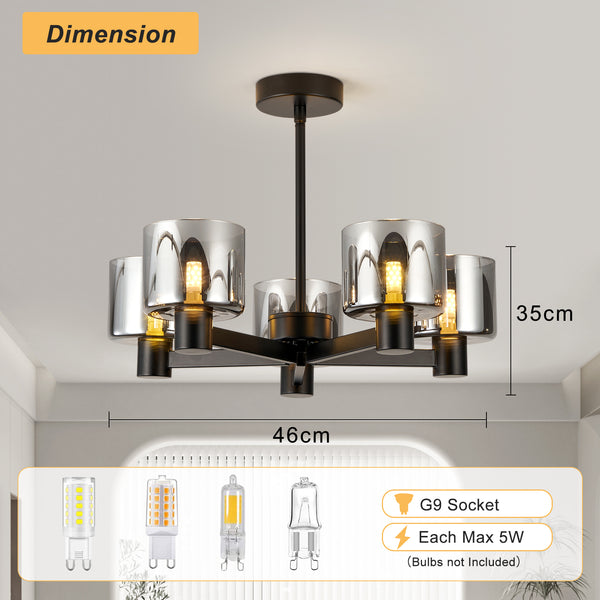 5 Lights Semi Flush Ceiling Lamp with Smoked Glass Shades, Matt Black