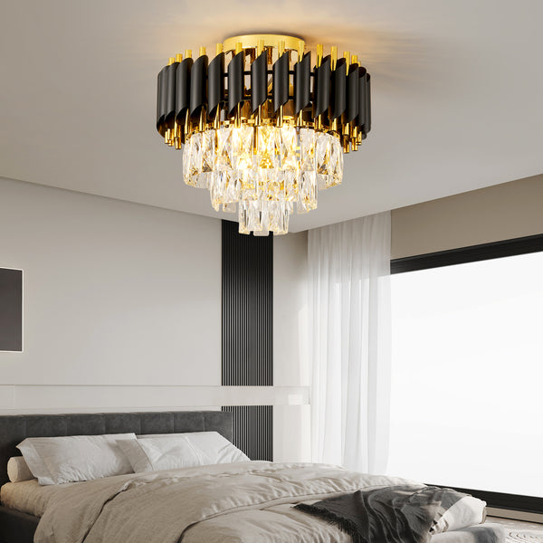 HARPER LIVING Crystal Ceiling Light, Modern Chandelier Lighting with 3 Tiers Crystals, Black & Gold Finish, Semi Flush