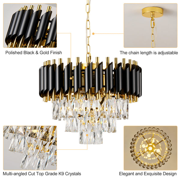 HARPER LIVING Crystal Chandelier, Modern Pendant Ceiling Light 3-Tier Crystals, Black & Gold Finish, Height Adjustable