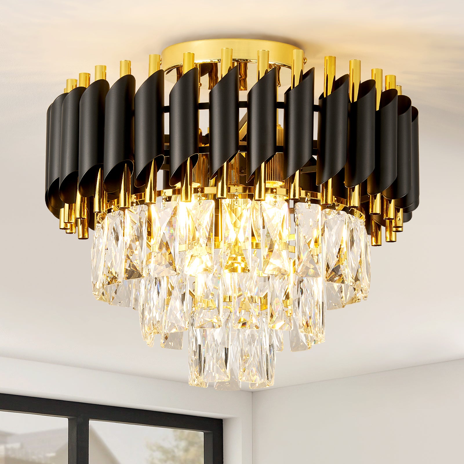 HARPER LIVING Crystal Ceiling Light, Modern Chandelier Lighting with 3 Tiers Crystals, Black & Gold Finish, Semi Flush