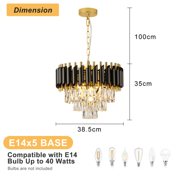HARPER LIVING Crystal Chandelier, Modern Pendant Ceiling Light 3-Tier Crystals, Black & Gold Finish, Height Adjustable