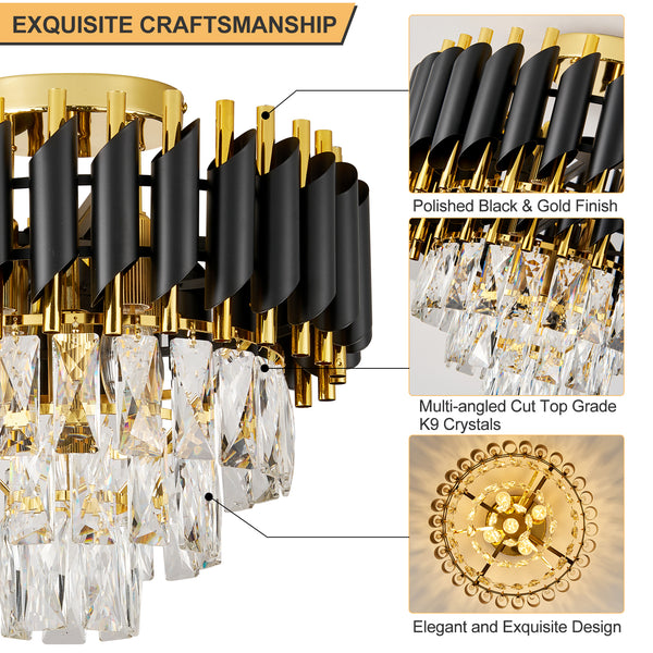 HARPER LIVING Crystal Ceiling Light, Modern Chandelier Lighting with 3 Tiers Crystals, Black & Gold Finish, Semi Flush