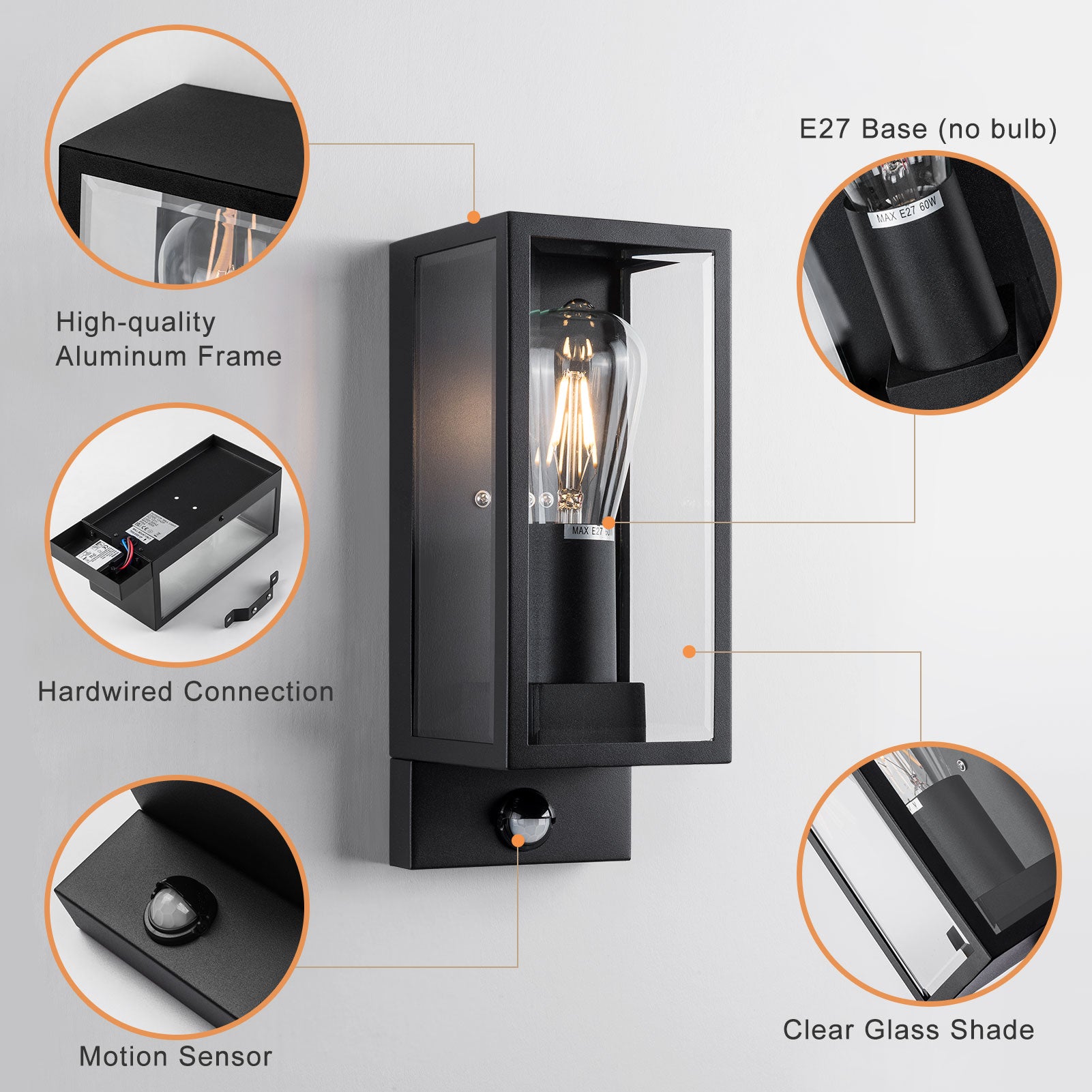 Outdoor Wall Light with Adjustable PIR Sensor, Waterproof IP44, Non-Di ...