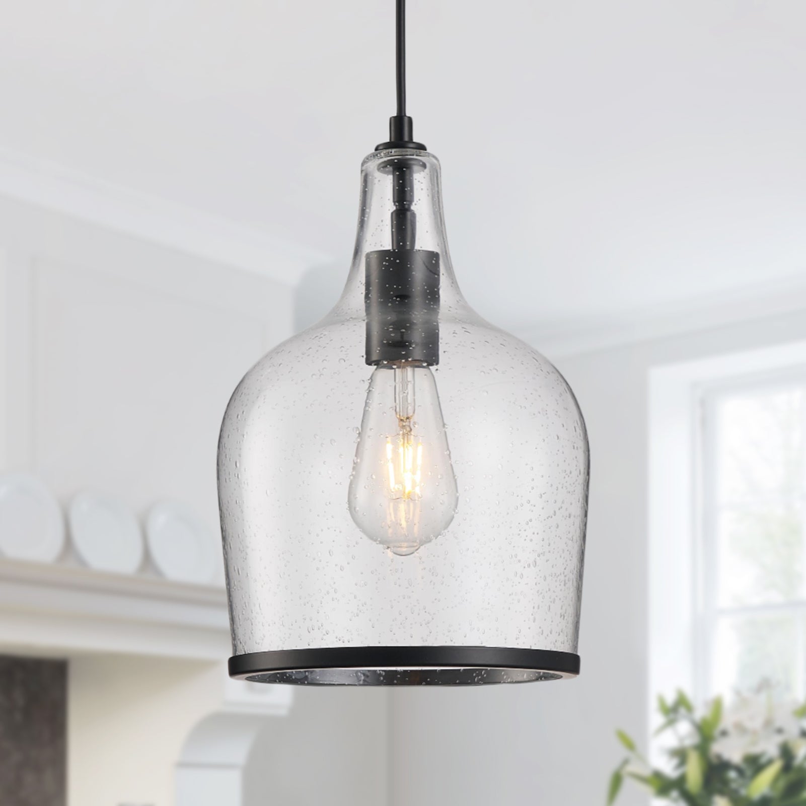 HARPER LIVING Pendant Ceiling Light, Matt Black Glass Pendant Lamp with Bubbles Glass Shade, Adjustable Drop (45-150cm)
