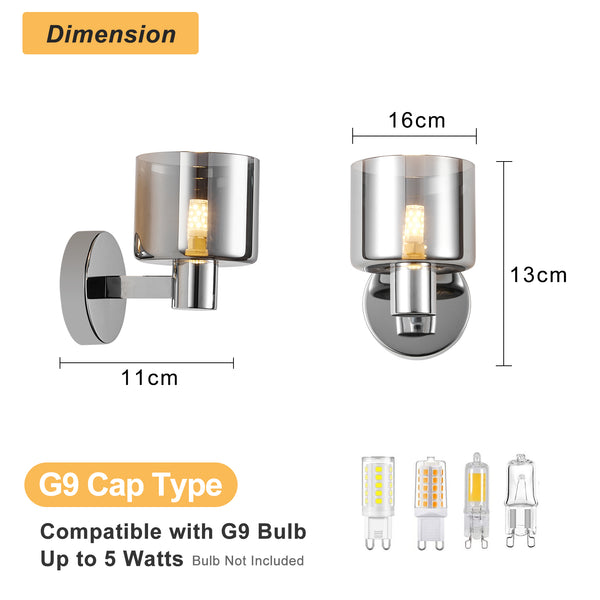 HARPER LIVING Modern Wall Light, Indoor Wall Lamp with Chrome Finish & Smoked Glass Shade, Wall Sconce Lights