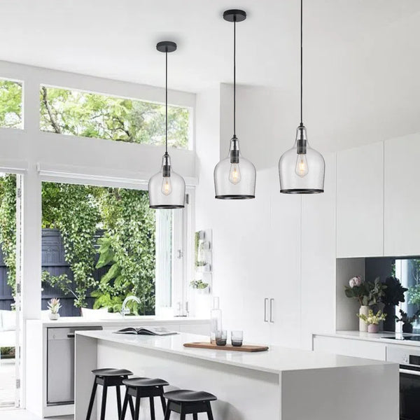 HARPER LIVING Pendant Ceiling Light, Matt Black Glass Pendant Lamp with Bubbles Glass Shade, Adjustable Drop (45-150cm)