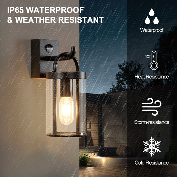 Black Outdoor PIR Sensor Wall Light and Sconce with Cylinder Clear Shade IP65 Weatherproof