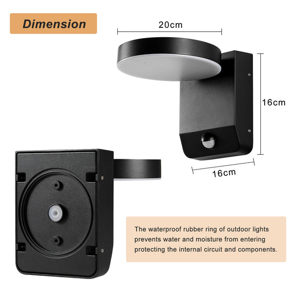 LED Black Outdoor Wall Light with PIR Sensor, Adjustable Round Light IP54, 20 Watts 1400 Lumens 4000K