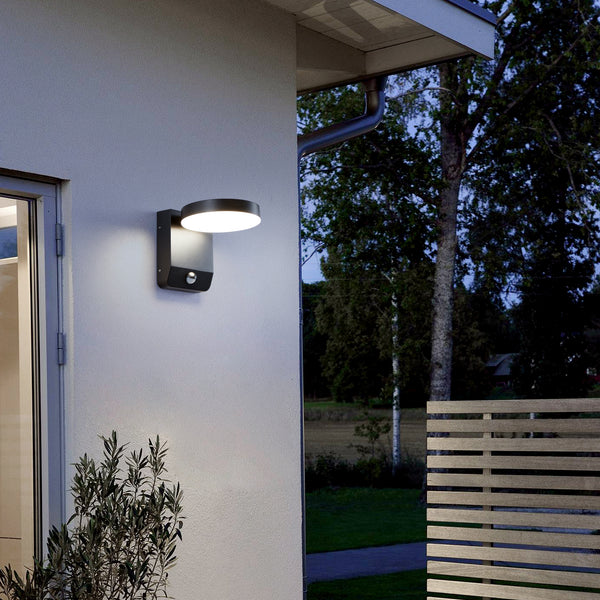 LED Black Outdoor Wall Light with PIR Sensor, Adjustable Round Light IP54, 20 Watts 1400 Lumens 4000K