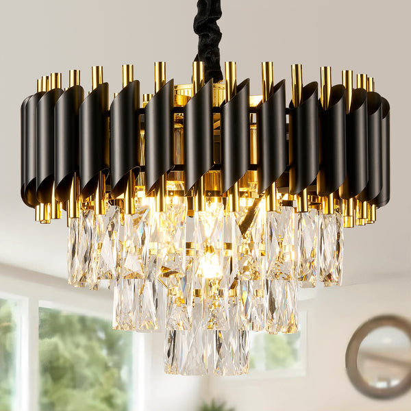 HARPER LIVING Crystal Chandelier, Modern Pendant Ceiling Light 3-Tier Crystals, Black & Gold Finish, Height Adjustable