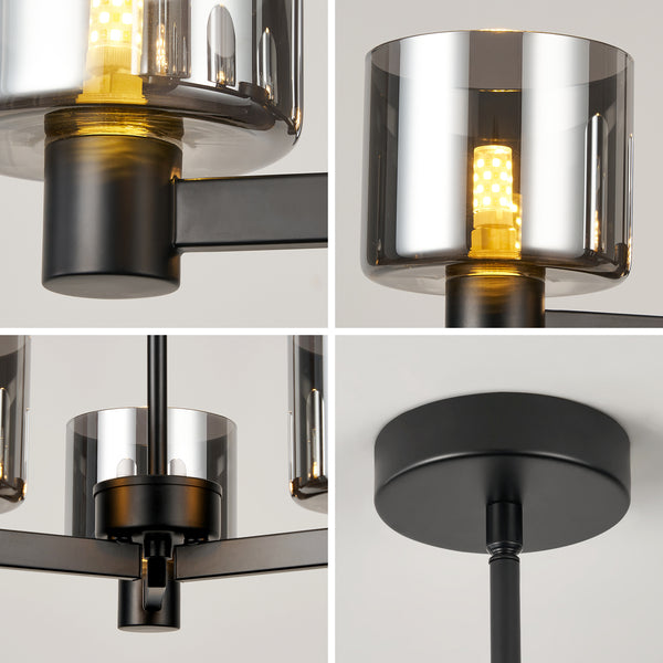 3 Lights Semi Flush Ceiling Lamp with Smoked Glass Shades, Matt Black