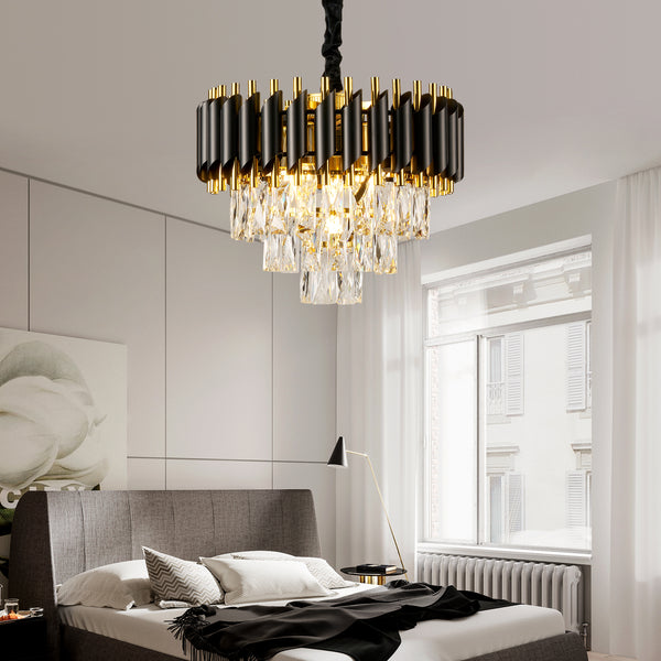 HARPER LIVING Crystal Chandelier, Modern Pendant Ceiling Light 3-Tier Crystals, Black & Gold Finish, Height Adjustable