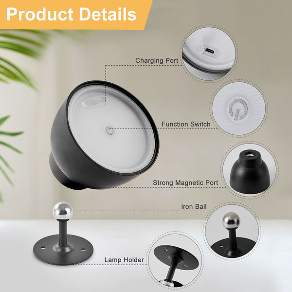 HARPER LIVING Rechargeable Wall Light, LED Wireless Wall Lamp with Touch Control, USB Battery Operated Wall Sconce-Black