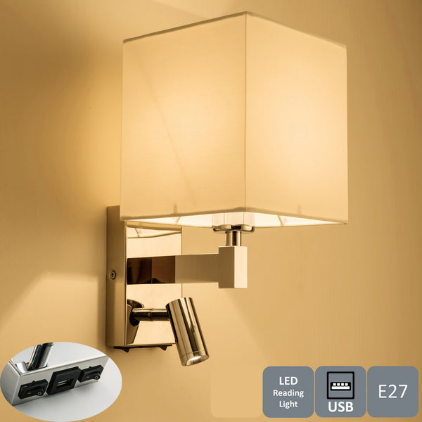 Harper Living 1xE27 (ES) Wall Light with Adjustable LED Reading Light with USB Port and Switch, Square Fabric Shade
