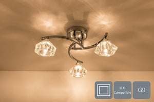 Spiral Semi-Flush Ceiling Light, 3 Lights Clear Glass Shades, Polished Chrome Finish