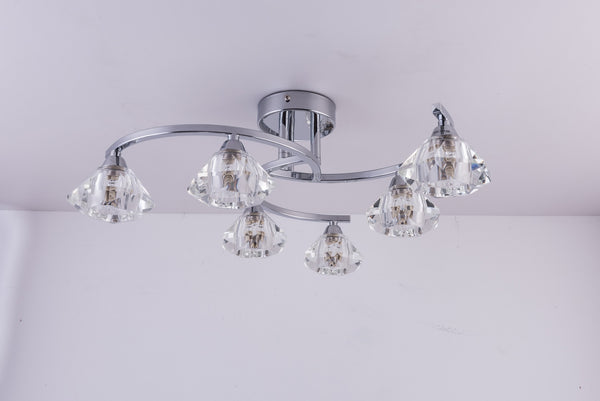 6 Light Spiral Semi-Flush Ceiling Light, Clear Glass Shades, Polished Chrome Finish