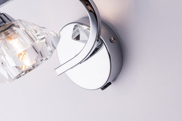 Single Left Curved Wall Light and Sconce, Clear Glass Shade, Polished Chrome Finish