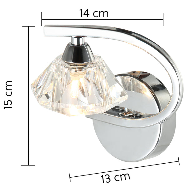 Single Left Curved Wall Light and Sconce, Clear Glass Shade, Polished Chrome Finish