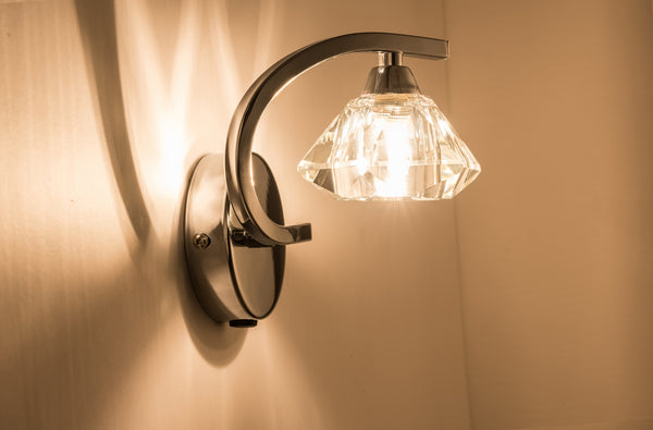 Single Right Curved Wall Light and Sconce, Clear Glass Shade, Polished Chrome Finish